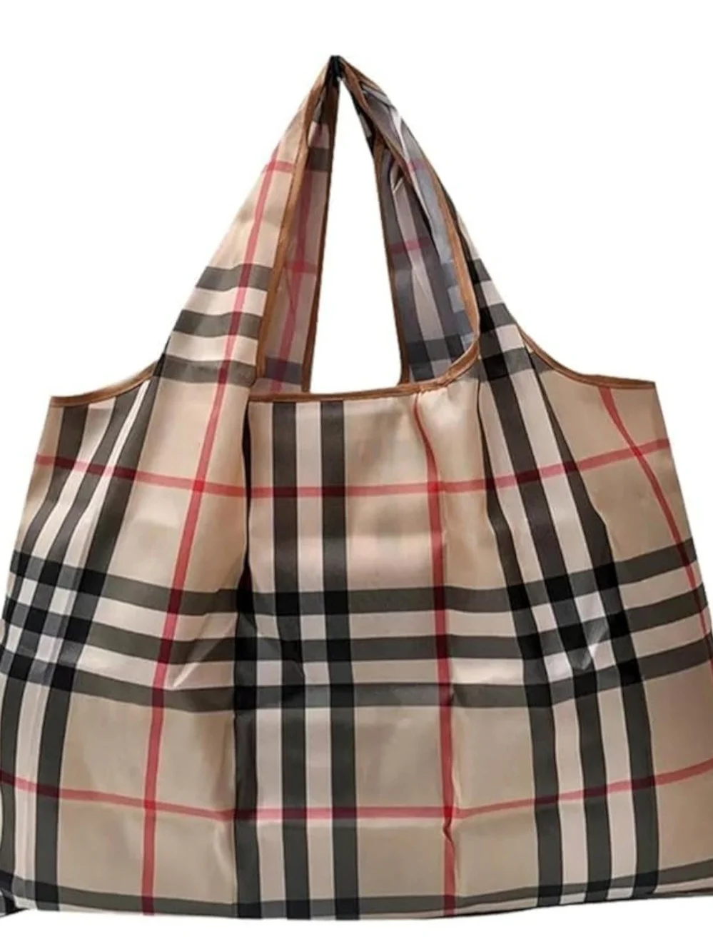 Reusable Plaid Grocery Tote Bag - Beige